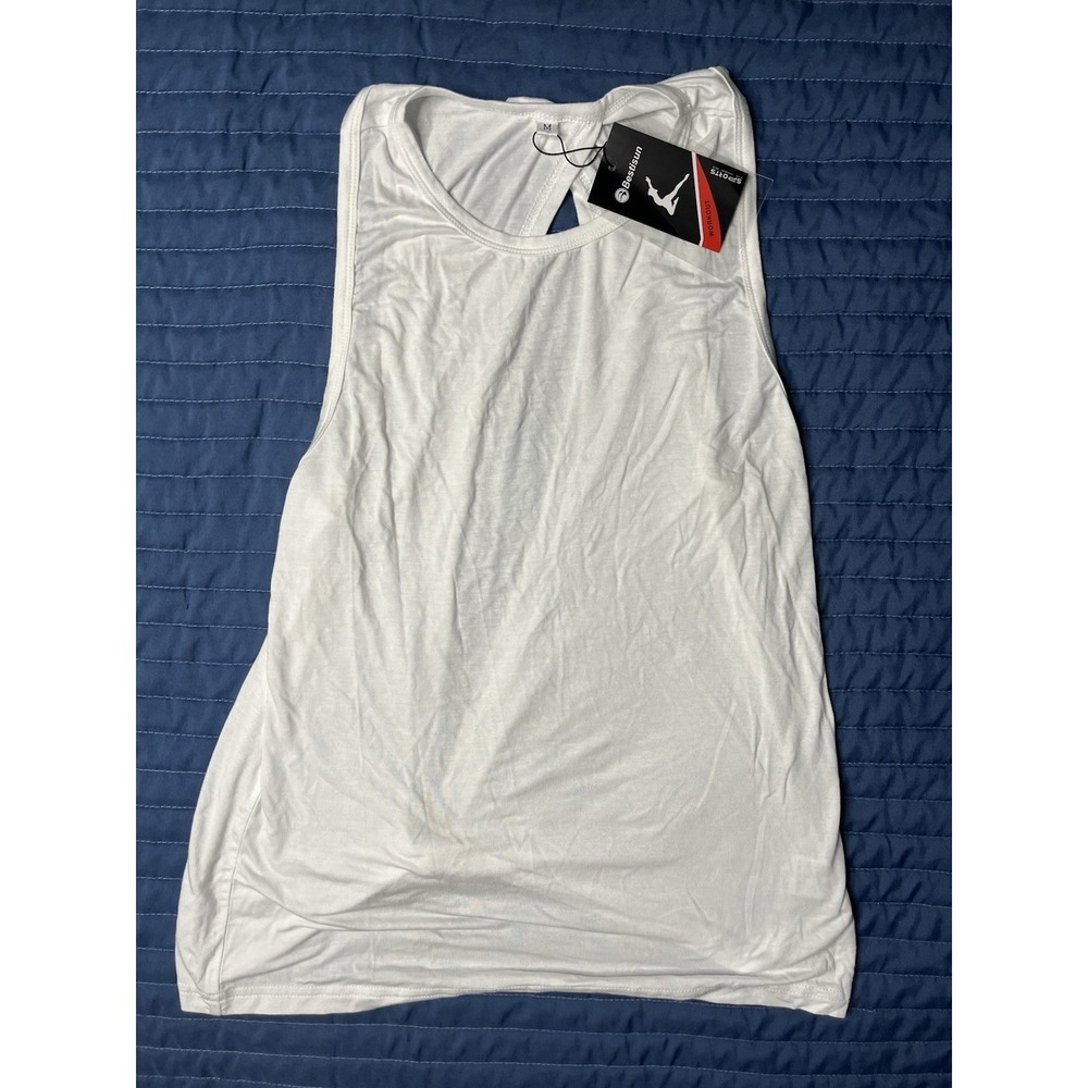 NWT Bestisun Black Ribbed Workout Tank Top Crisscross Open Back Size Med White